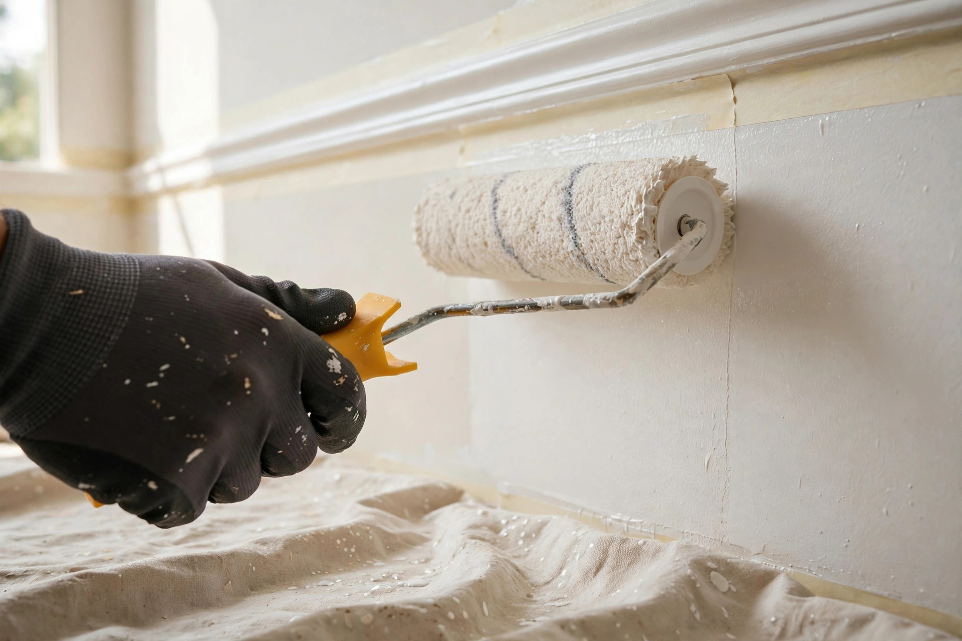 A gloved hand rolling fresh paint onto an interior wall above a drop cloth.