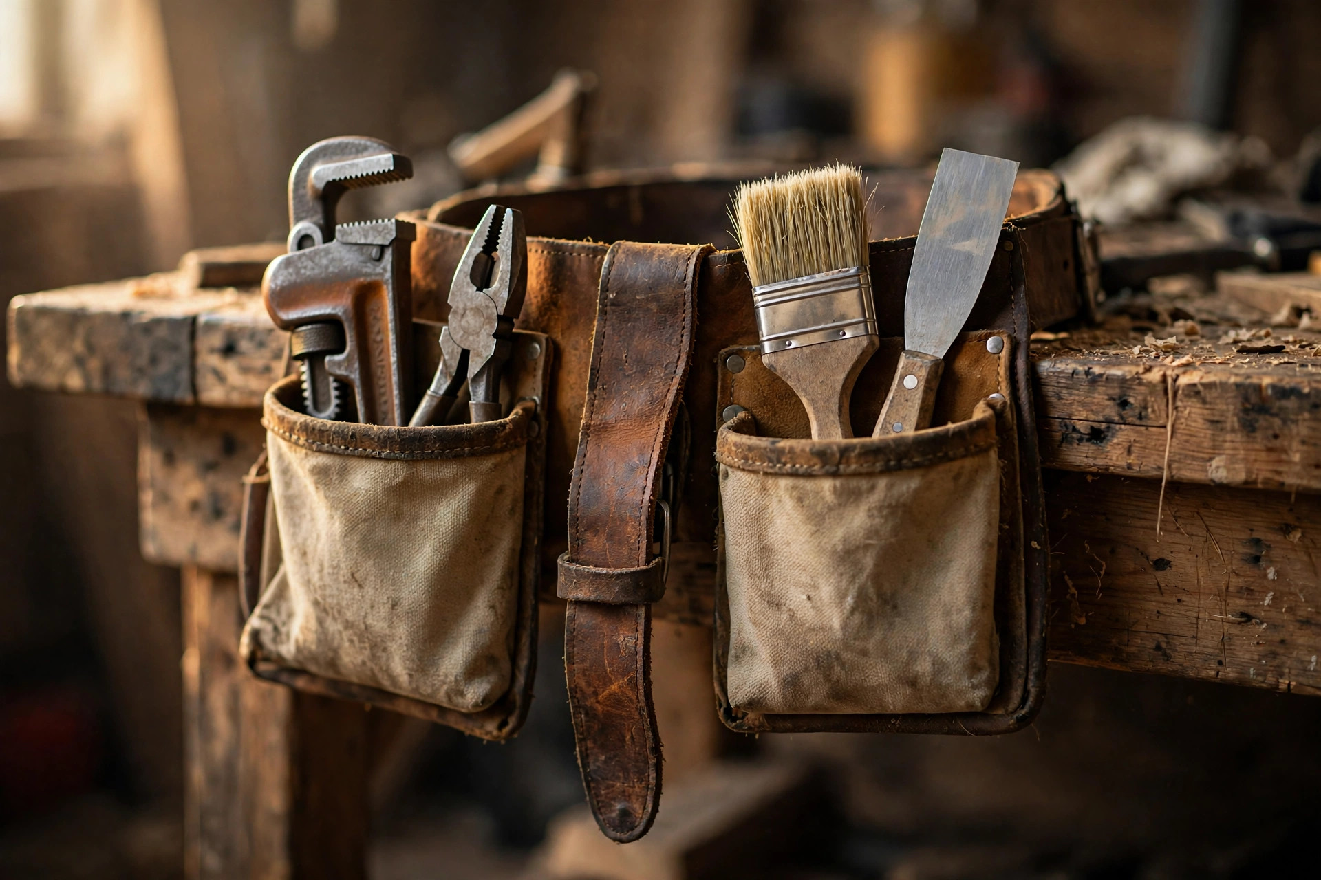 A worn leather tool belt on a workbench. The left pouch holds a pipe wrench and pliers, the right pouch holds a paintbrush and putty knife.